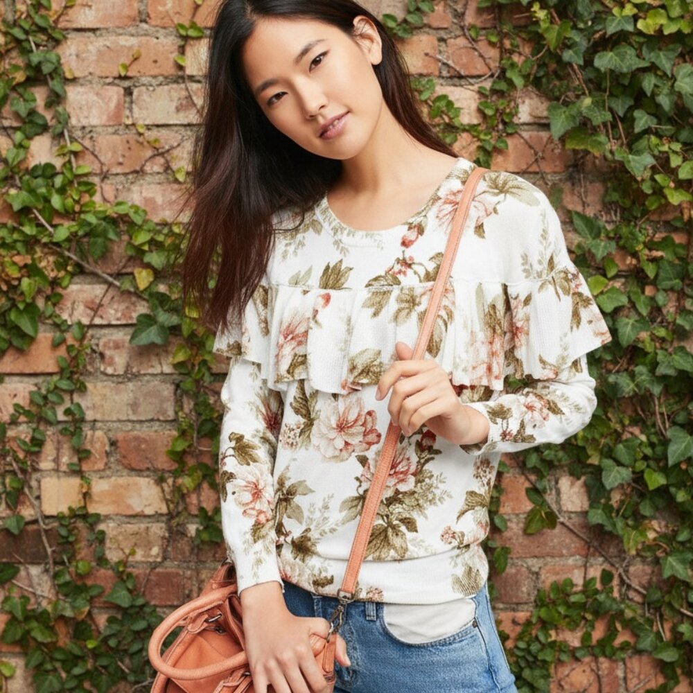 New Anthropologie Floral Ruffled Pullover by Harlyn $118 Size Small Long Sleeve